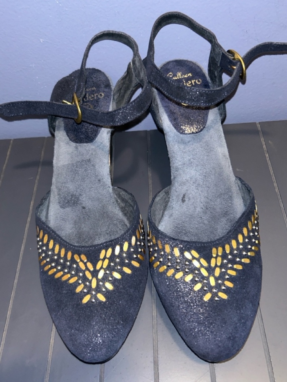 Navy Blue Calleen Cordero Suede Ankle-Strap Heels with Gold Detail